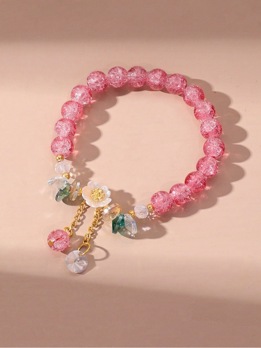 Handmade Pink Crackle Glass Beaded Bracelet